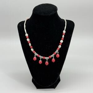 Vintage Style Boho Red Bead Fringe Necklace Tibetan Silver Ornate Dangle Drop